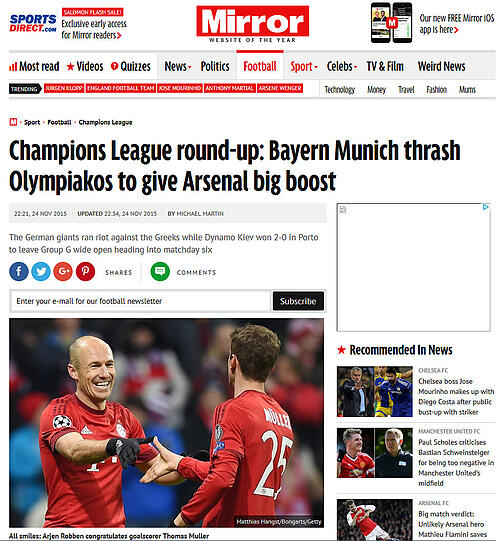 Der englische "Mirror" sieht im Bayern-Sieg das Positive für den FC Arsenal: "Bayern verprügelt Olympiakos und gibt Arsenal Auftrieb."