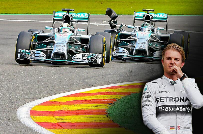 Rosberg (r.) schlitzte Hamilton bereits in der zweiten Runde den linken Hinterreifen auf und beschädigte dabei auch den Frontflügel an seinem eigenen Wagen erheblich.