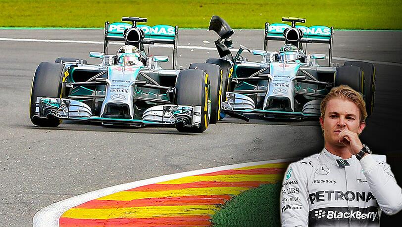 Rosberg (r.) schlitzte Hamilton bereits in der zweiten Runde den linken Hinterreifen auf und beschädigte dabei auch den Frontflügel an seinem eigenen Wagen erheblich. Rosberg (r.) schlitzte Hamilton bereits in der zweiten Runde den linken Hinterreifen auf und beschädigte dabei auch den Frontflügel an seinem eigenen Wagen erheblich.