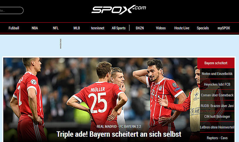 Spox.com: "Triple Ade! Bayern scheitern an sich selbst"