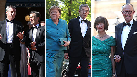 Kommen immer wieder gerne zu den Festspielen nach Bayreuth: Bayerns Ministerpr&auml;sident Markus S&ouml;der, TV-Moderator Florian Silbereisen, Ex-Bundeskanzlerin Angela Merkel mit Ehemann Joachim Sauer und Bundeskanzler Friedrich Merz nebst Ehefrau Charlotte Merz.