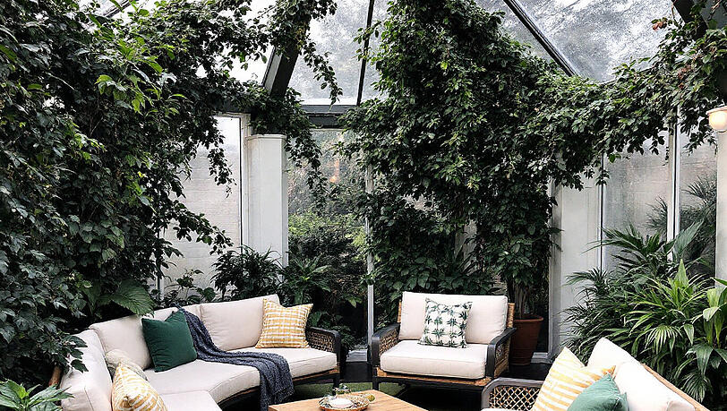 Grünes Zimmer im Freien - als stilvoller Wintergarten für die kältere Jahreszeit (KI-generiert). Grünes Zimmer im Freien - als stilvoller Wintergarten für die kältere Jahreszeit (KI-generiert).