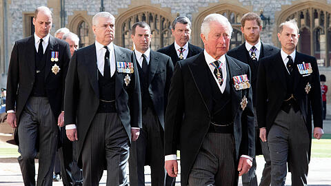 William, Andrew und Charles bei der Beerdigung von Prinz Philip im April 2021