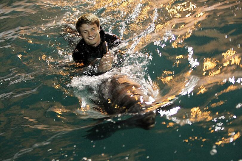 Für die Löwen ging's am Mittwoch noch tierisch zu: Im Delfinarium durften sie mit Flipper & Co. eine Runde schwimmen.