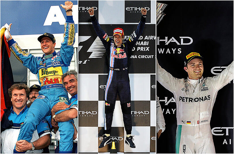 Die drei deutschen Formel-1-Weltmeister. Michael Schumacher, Sebastian Vettel und Nico Rosberg (v.l.).