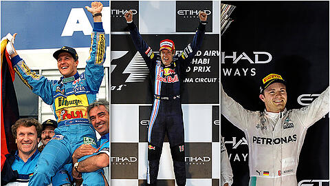 Die drei deutschen Formel-1-Weltmeister. Michael Schumacher, Sebastian Vettel und Nico Rosberg (v.l.).