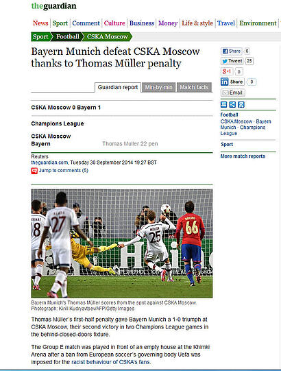"Bayern besiegt ZSKA dank eines Elfmeters von Thomas Müller", heißt es bei "The Guardian" lapidar.
