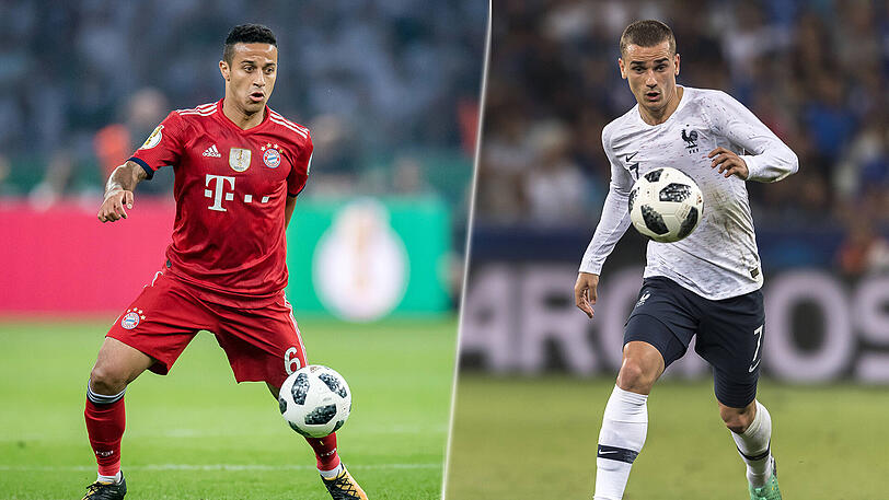 Konkurrenten bei der Fußball-WM 2018: Thiago (li.) vom FC Bayern und Antoine Griezmann von Atlético Madrid.