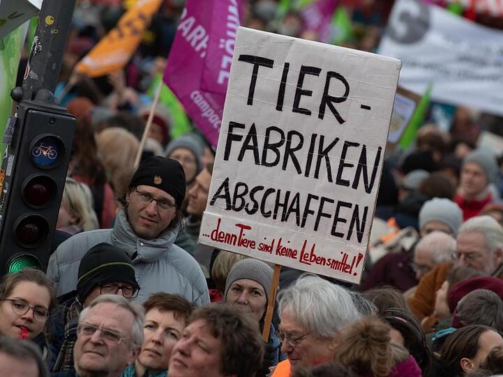 "Tier-Fabriken abschaffen" steht auf dem Schild einer Demonstrantin.