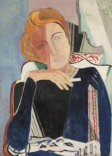 Oskar Moll ließ sich bei seinem Gemälde "Inge II in Dunkelblau mit Zigarette" von 1930 von den Franzosen und Picasso inspirieren.