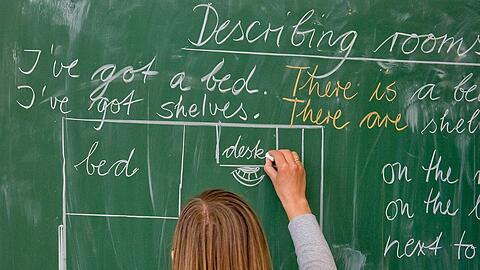 Eine Lehrerin einer Grundschule schreibt in englischer Sprache an die Tafel.