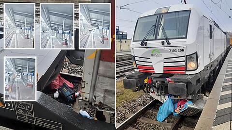 Auf dieser Fotocollage ist die Güterzuglokomotive zu sehen, die den Müllsammelcontainer überrollt hat. Eine weitere Aufnahme zeigt den 53-Jährigen, der sich in Sicherheit bringt und einen Zeugen am Bahnsteig.