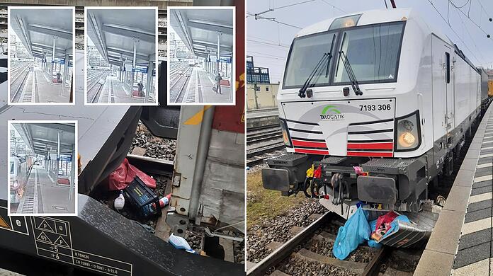 Auf dieser Fotocollage ist die Güterzuglokomotive zu sehen, die den Müllsammelcontainer überrollt hat. Eine weitere Aufnahme zeigt den 53-Jährigen, der sich in Sicherheit bringt und einen Zeugen am Bahnsteig.