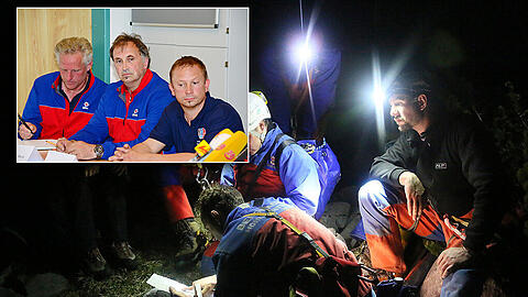 Kleines Bild: (L-R): Stefan Schneider von der Bergwacht Chiemgau, Thomas Küblböck, Leiter der Bergrettung Chiemgau und Anton Brandner, von der Feuerwehr Berchtesgaden. Großes Bild: Einsatzkräfte der Bergwacht beraten in der Nacht vom 08.06.2014 auf Pfingstmontag das weitere Vorgehen am Untersberg in rund 1800 Metern Höhe beim Eingang in die Riesending-Schachthöhle.