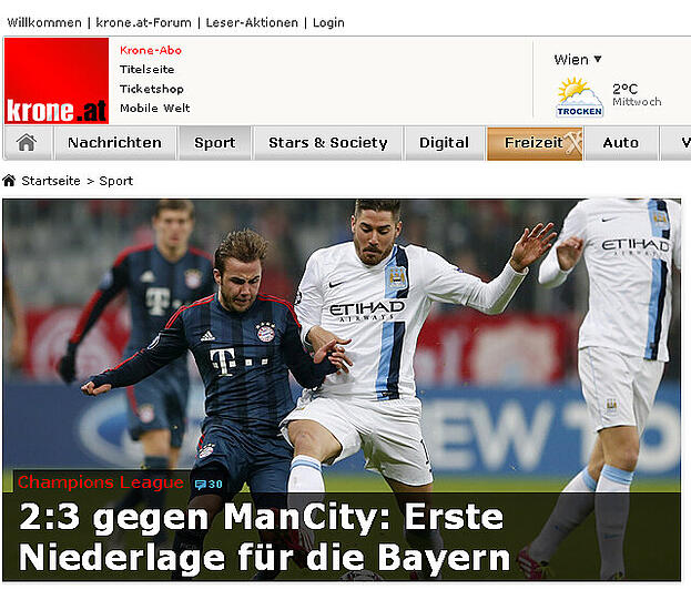 Das österreichische Portal Krone.at: "2:3 gegen Man City: Erste Niederlage für die Bayern".
