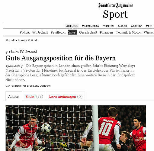 Für eine "gute Ausgangsposition" hält die FAZ die Situation der Bayern nach dem Sieg gegen Arsenal.