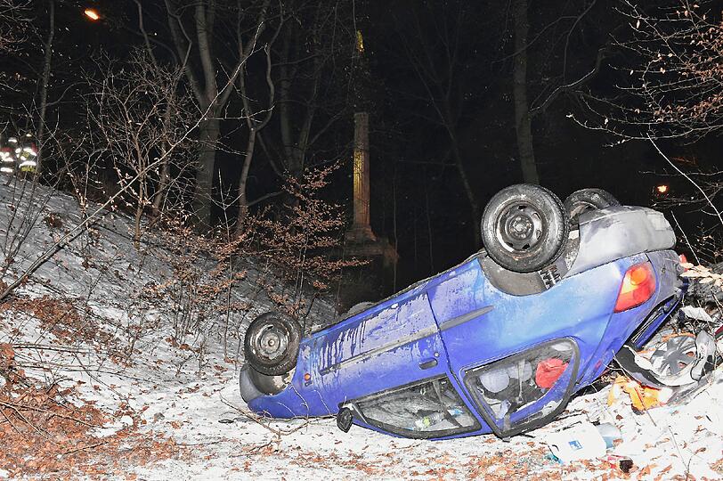 Das Fahrzeug überschlug sich und blieb vor einem Baum auf dem Dach liegen.