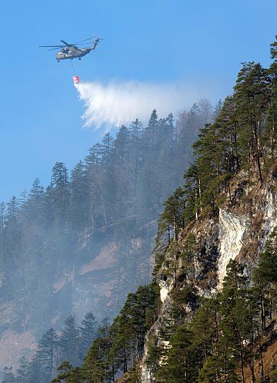 Wegen der allgemeinen Trockenheit entstehen nun auch Waldbrände - wie hier am Schwarzberg - ein Hubschrauber versucht einen Teil des acht Hektar großen Brandes zu löschen