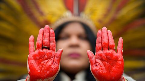 Im brasilianischen Sao Paulo protestiert die ethnische Gruppe der Guajajara für den Schutz ihrer Reservate.