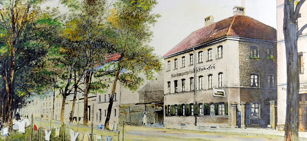 Karl Valentins Elternhaus in der Vorstadt Au, erbaut 1851: &bdquo;Untere Isargasse 45&ldquo; hei&szlig;t die Adresse anfangs noch, sp&auml;ter dann &bdquo;Entenbachstra&szlig;e 63&ldquo;.Heute hei&szlig;t sie Zeppelinstra&szlig;e 41. Hier kommt der Komiker 1882 zur Welt. 1906 muss er das Haus verkaufen.