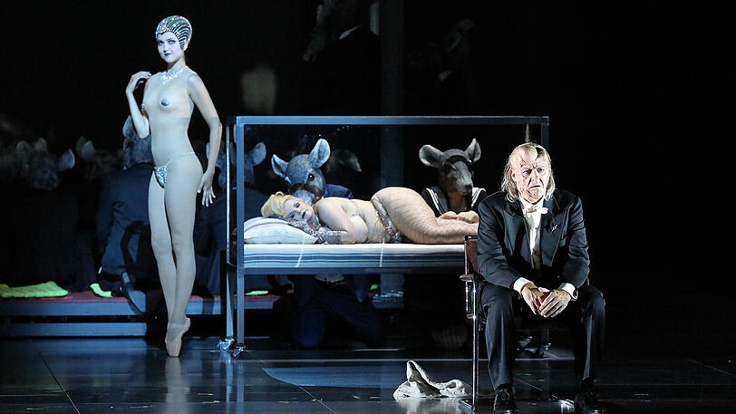 Alviano, der Elephant-Man der Oper, in seiner Kunstsammlung: John Daszak und Kitty Kokett (in der Vitrine) in Franz Schrekers Oper &bdquo;Die Gezeichneten&ldquo;.