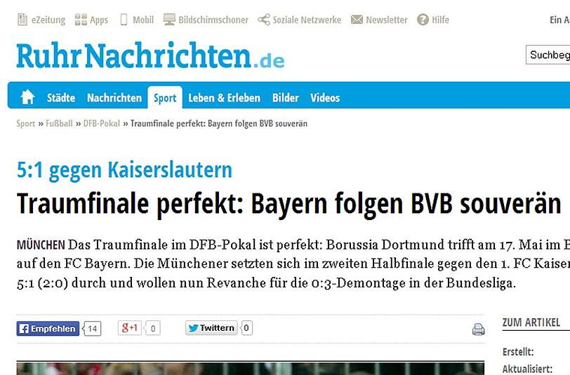 Die "Ruhr Nachrichten" freuen sich ebenfalls aufs Traumfinale.