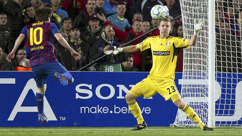 2011/2012: FC Barcelona gegen Bayer Leverkusen 7:1. Das Achtelfinal-Rückspiel der Champions League war eine einseitige Angelegenheit (Hinspiel: 3:1). Lionel Messi (links, neben Torwart Bernd Leno) trifft zum 1:0.