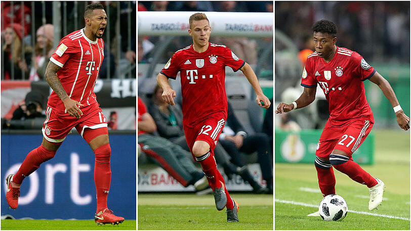 Joshua Kimmich (m.) überzeugte auf der rechten Außenbahn. Jérôme Boateng (l.) hatte enormes Verletzungspech und David Alaba (r.) blieb hinter den Erwartungen zurück. Das Saisonzeugnis für Bayerns Abwehrspieler.