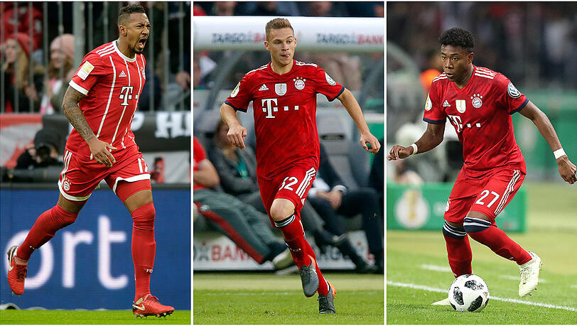 Joshua Kimmich (m.) überzeugte auf der rechten Außenbahn. Jérôme Boateng (l.) hatte enormes Verletzungspech und David Alaba (r.) blieb hinter den Erwartungen zurück. Das Saisonzeugnis für Bayerns Abwehrspieler. Joshua Kimmich (m.) überzeugte auf der rechten Außenbahn. Jérôme Boateng (l.) hatte enormes Verletzungspech und David Alaba (r.) blieb hinter den Erwartungen zurück. Das Saisonzeugnis für Bayerns Abwehrspieler.
