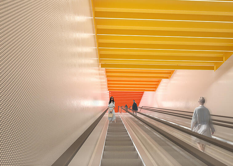 Erst rot, dann gelb, so wird es, wenn man die Treppen zum Bahnsteig runter geht.