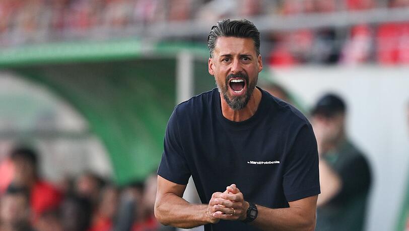 Augsburgs Trainer Sandro Wagner ist mit Leidenschaft bei seinem Debüt im Einsatz.