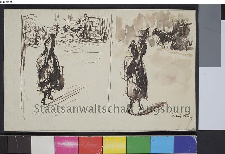 Max Liebermann: "2 Zeichnungen, jeweils weibl. Figur im Vordergrund, Kutsche mit Pferd im Hintergrund"