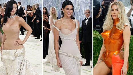 Kylie Jenner (v.l.), Kendall Jenner und Kim Kardashian lieferten sich ein sexy Fashionbattle auf den ber&uuml;hmten Stufen des Metropolitan Museum of Art in New York.