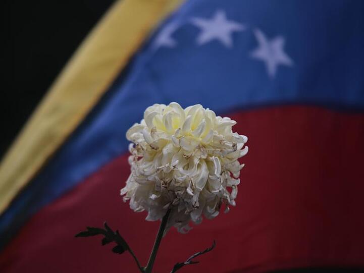 Eine verwelkte Blume vor der Flagge von Venezuela während eines Protestes gegen die Regierung.