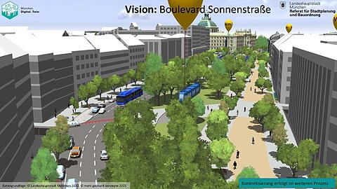 So könnte die Sonnenstraße schon 2030 aussehen: Links fahren die Autos, rechts spazieren die Münchner.