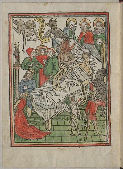 Das Werk &bdquo;Ars Moriendi&ldquo;, die Kunst zu Sterben, kommt aus dem süddeutschen Raum und wurde vermutlich um 1475 hergestellt. Das Bild zeigt die Versuchung durch den Teufel, den Unglauben. Der Sterbende, der abgemagert im Bett liegt, wird ringsum von den Dämonen bedrängt.