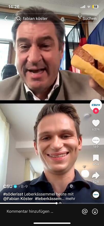 Markus Söder (CSU) im Livestream mit "Heute-Show"-Reporter Fabian Köster und Leberkassemmel. Markus Söder (CSU) im Livestream mit "Heute-Show"-Reporter Fabian Köster und Leberkassemmel.