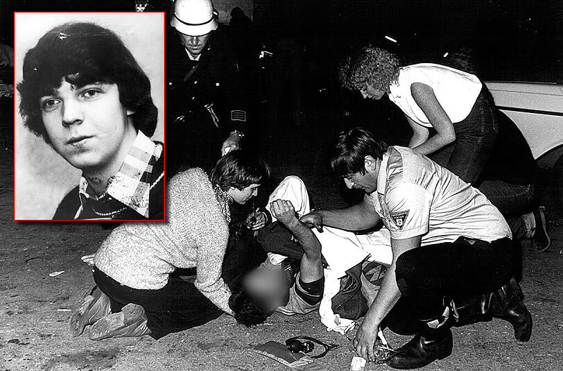 Wenige Minuten nach der Explosion: Ein Feuerwehrmann und Passanten versorgen einen der vielen Verletzten. Links oben: Attentäter Gundolf Köhler.