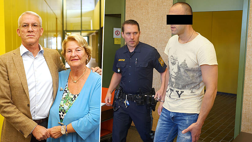 Opfer des Überfalls: Juwelier Franz C. Bauer und seine mutige Mutter. Rechts im Bild: Der Angeklagte schweigt zu den Vorwürfen. Opfer des Überfalls: Juwelier Franz C. Bauer und seine mutige Mutter. Rechts im Bild: Der Angeklagte schweigt zu den Vorwürfen.