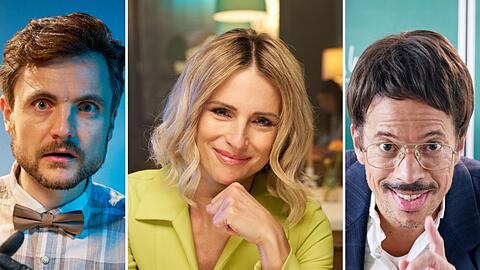 "Smeilingen - Ein Dorf wie Du und Ich" unter anderem mit Phil Laude, Michelle Hunziker und Jorge Gonzalez (v.l.).