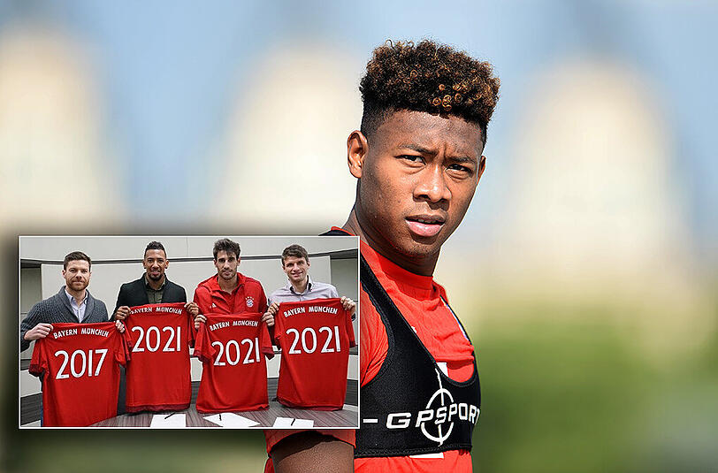 David Alaba (r.) soll wie Jérôme Boateng, Javi Martínez und Thomas Müller (kleines Bild) langfristig an den FC Bayern gebunden werden.