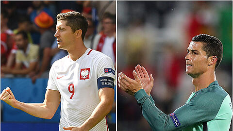 Machen den Viertelfinal-Anfang: Polens Robert Lewandowski (l.) gegen Cristiano Ronaldo aus Portugal. Anpfiff am Donnerstag ist um 21 Uhr im Stade Vélodrome in Marseille.