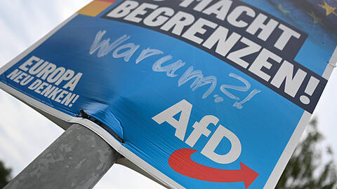 Ein bekritzeltes Wahlplakat der AfD. Die Partei ist in Deutschland auf Platz zwei bei der Europawahl gelandet.