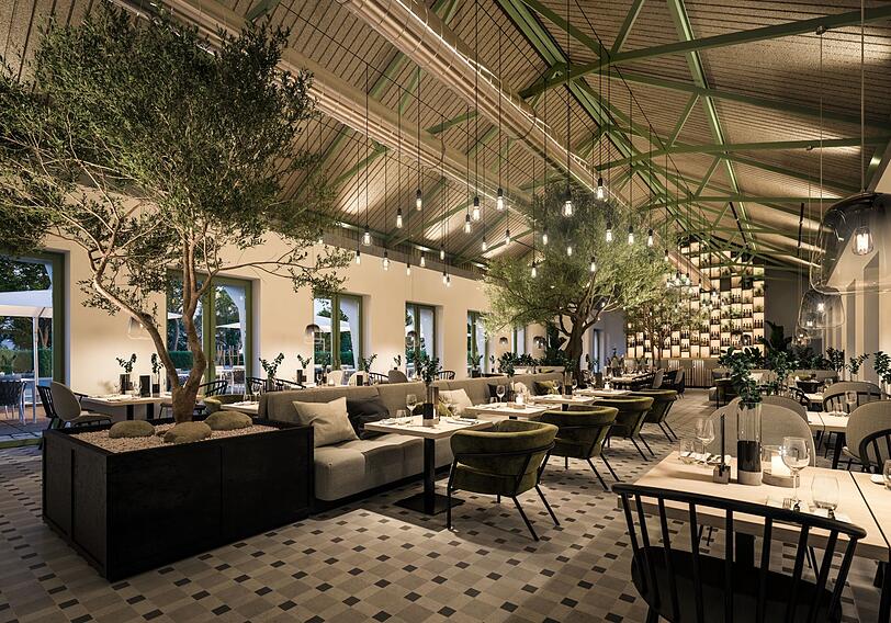 In einem niedrigen Anbau ist auf über 400 Quadratmetern Gastronomie geplant – mit einer Terrasse im Freien. In einem niedrigen Anbau ist auf über 400 Quadratmetern Gastronomie geplant – mit einer Terrasse im Freien.