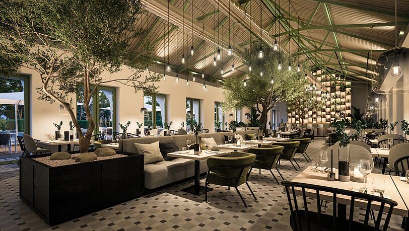 In einem niedrigen Anbau ist auf über 400 Quadratmetern Gastronomie geplant – mit einer Terrasse im Freien. In einem niedrigen Anbau ist auf über 400 Quadratmetern Gastronomie geplant – mit einer Terrasse im Freien.