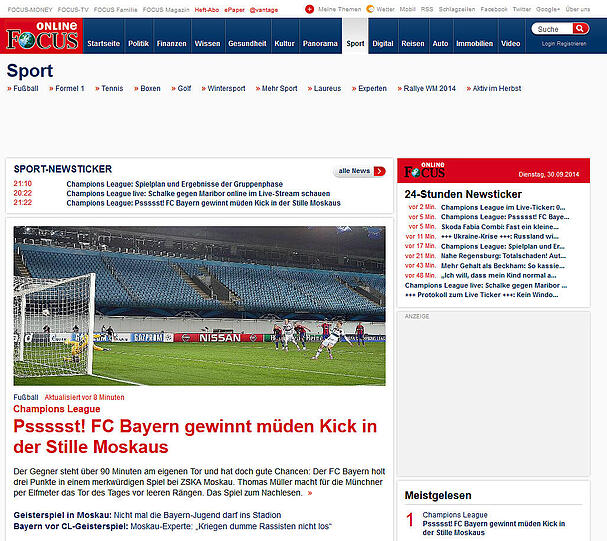 Leise geht's beim Focus zu: "Pssssst! FC Bayern gewinnt müden Kick in der Stille Moskaus"