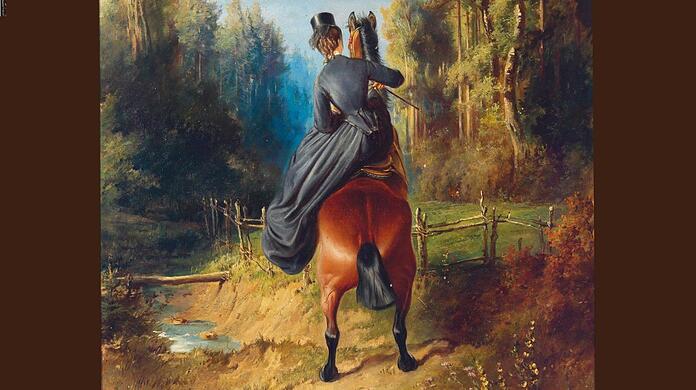 Auch von hinten unschwer zu erkennen: Kaiserin Elisabeth (1837-1898) springt mit ihrem Pferd über einen Graben. Gemälde von Carl Reichert.