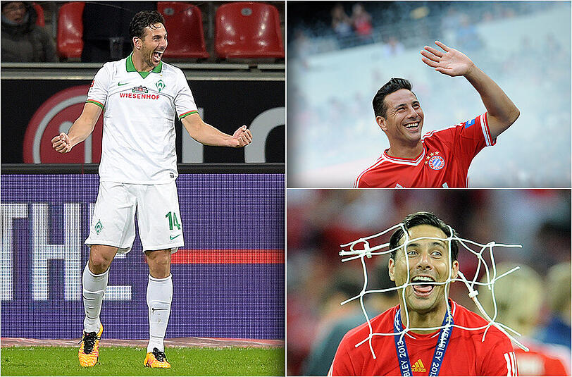 Claudio Pizarro ist aktuell in bestechender Form, gegen Leverkusen erzielte der 37-Jährige einen Hattrick (l.). Bei den Bayern war er Teil der legendären Triple-Mannschaft (unten), im letzten Sommer wurde sein Vertrag in München nicht verlängert.