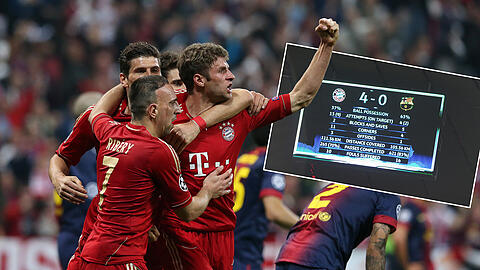 Jubel beim FC Bayern: Die Münchner gewinnen im Hinspiel des Champions-League-Halbfinals mit 4:0 gegen den FC Barcelona. Das Spiel ist auf den Tag genau fünf Jahre her. Klicken Sie sich durch die Bilder.