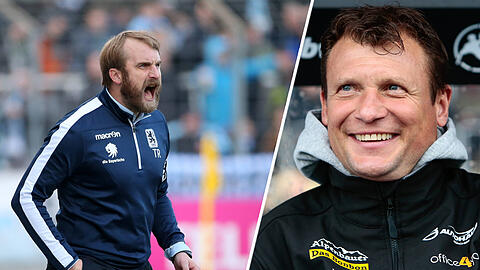 Daniel Bierofka brennt für die Löwen - das weiß auch Hachings Coach Claus Schromm (r.).